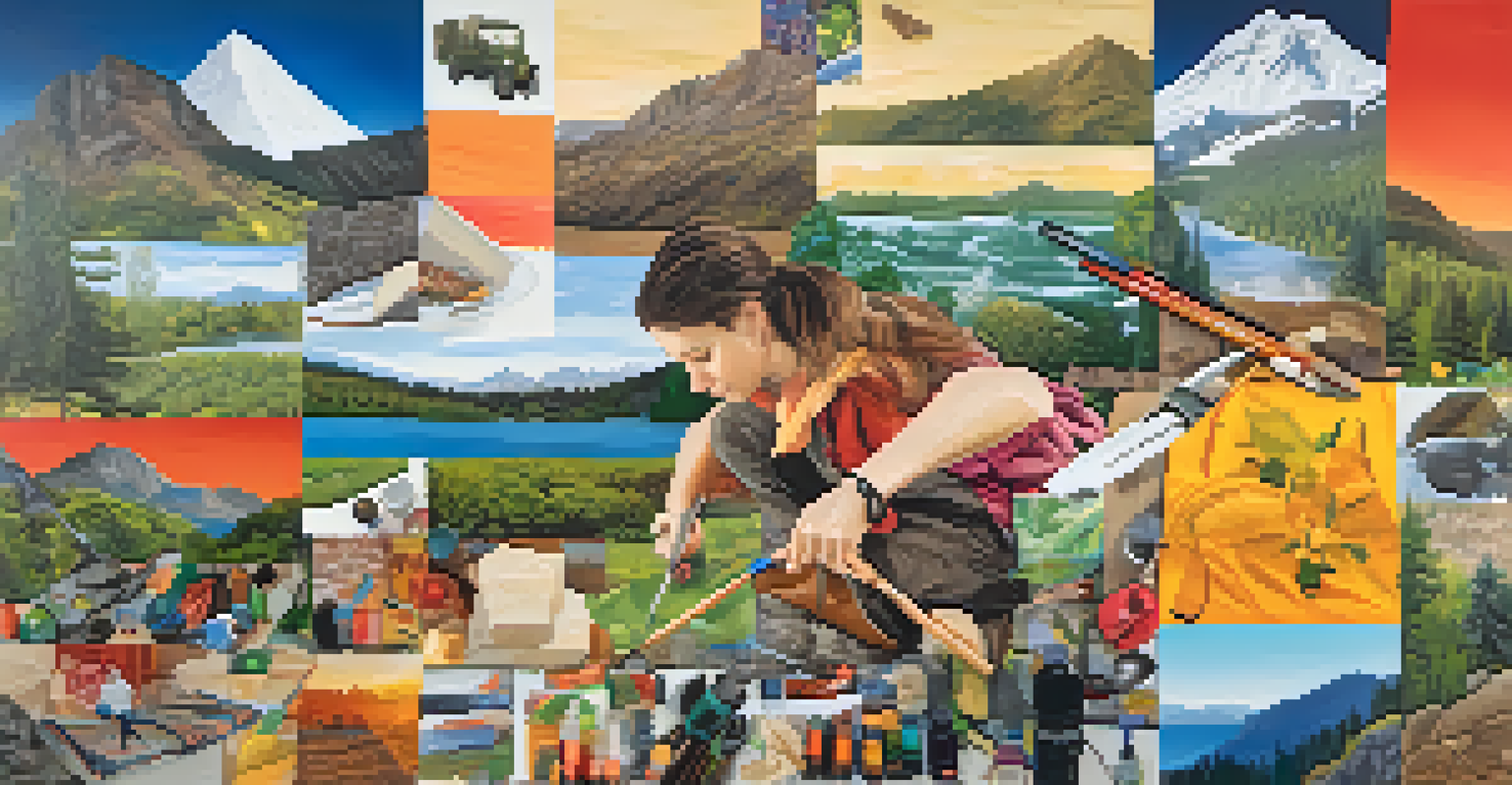 A colorful collage showcasing different hobbies and activities like painting, hiking, and cooking.