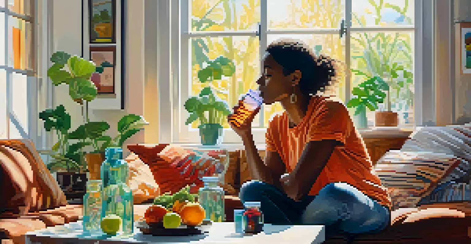 A person sitting in a cozy living room, drinking water from a bottle surrounded by plants and fruits.