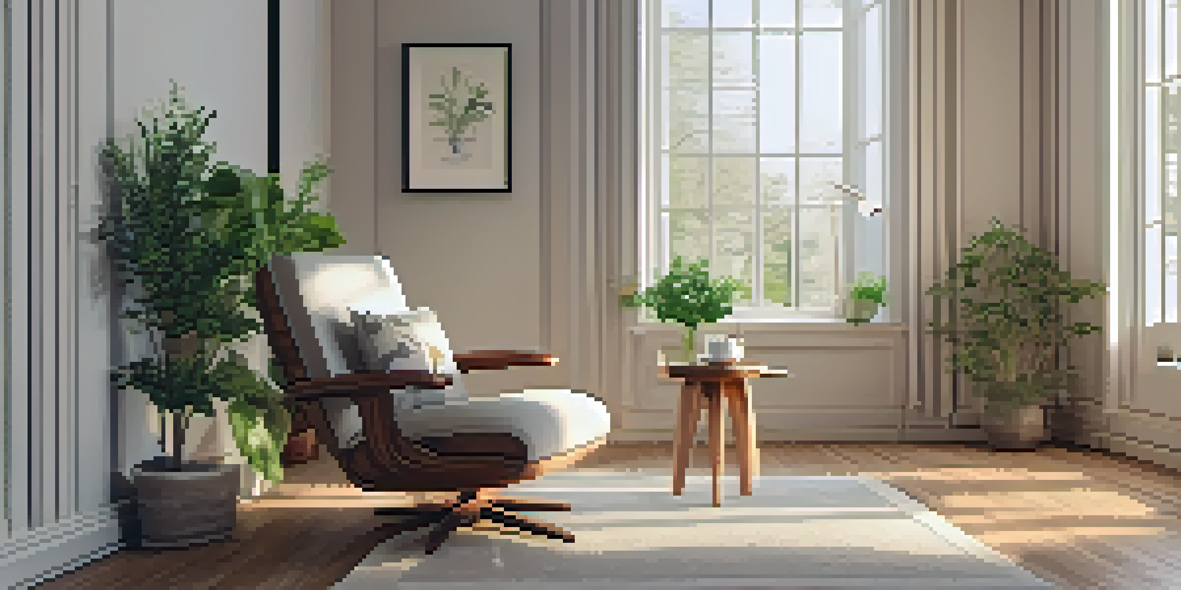 A calming therapy room with soft lighting, a comfortable armchair, and nature-themed artwork on the walls.