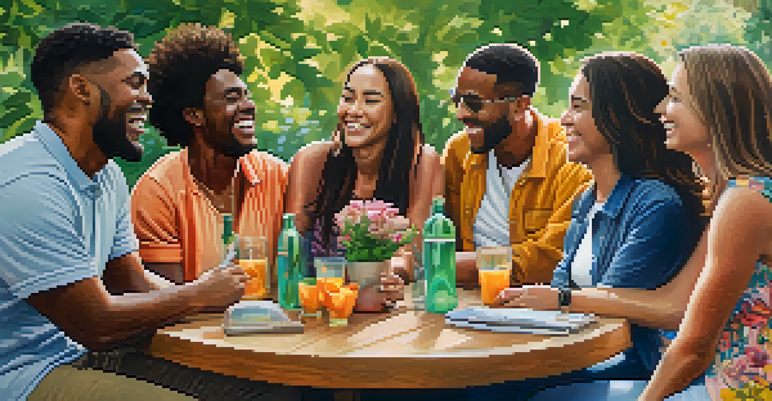 A group of diverse friends laughing and enjoying time together in a park, symbolizing community support.