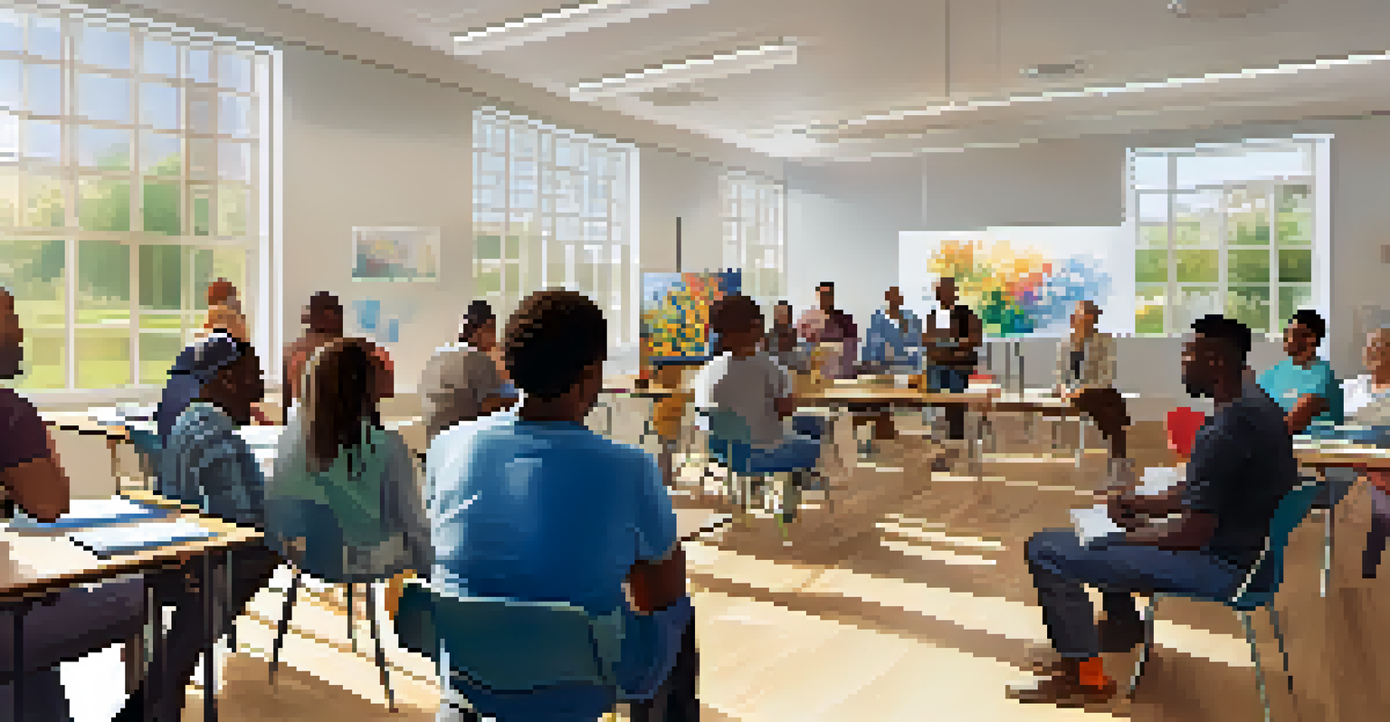 Residents participating in a life skills workshop, discussing budgeting techniques in a supportive classroom.