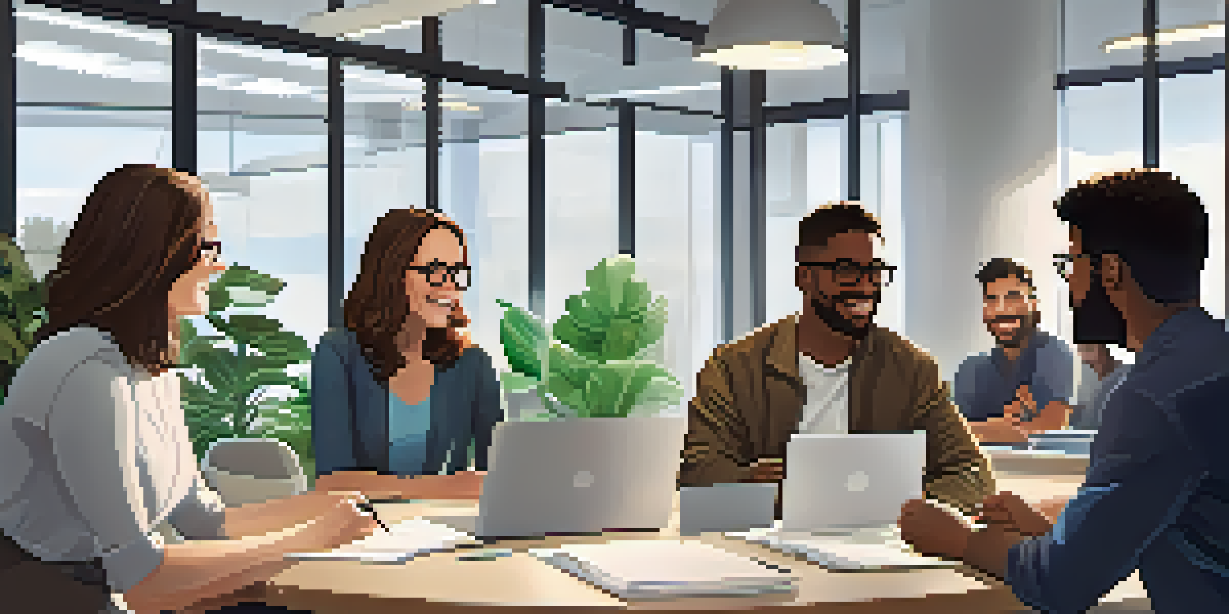 A diverse group of employees in a bright office discussing support for returning to work, with plants and motivational posters around them.