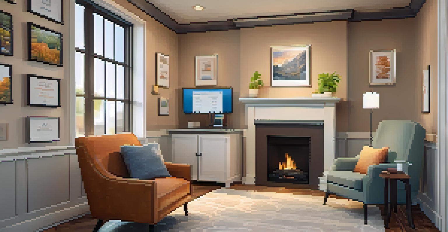 A telehealth consultation scene with a therapist and patient on a video chat, featuring a cozy room with calming decor.