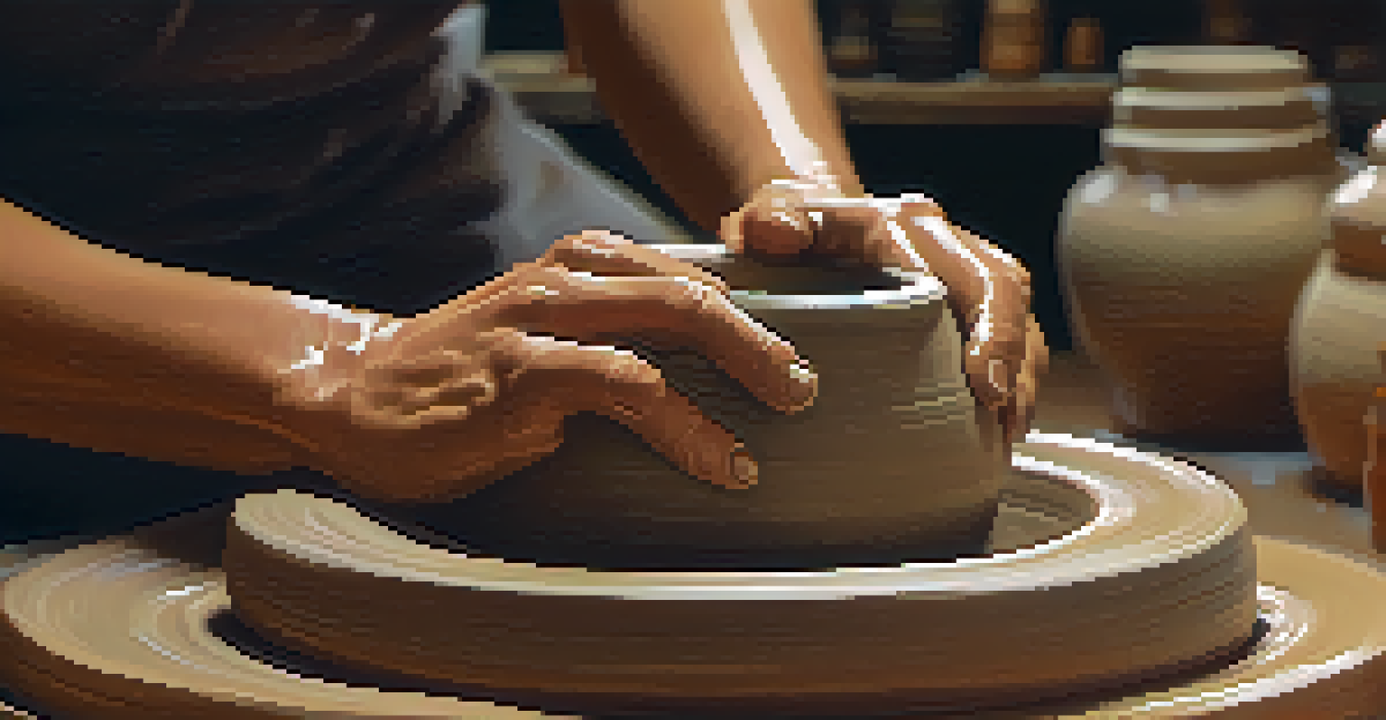 Close-up of hands shaping clay on a potter's wheel with blurred shelves of pottery in the background.