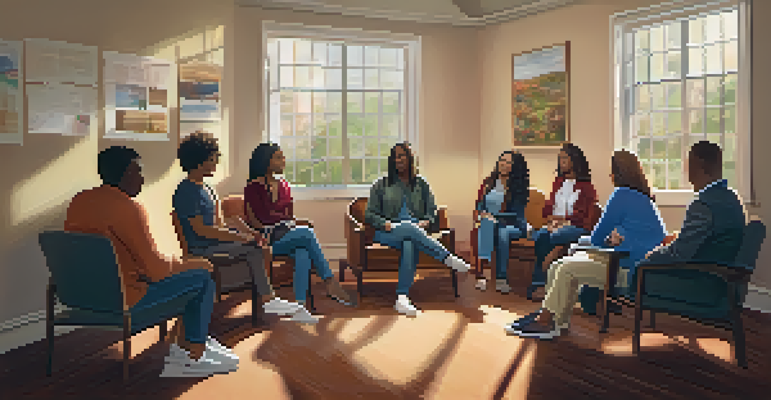 A support group meeting in a cozy room, with individuals sharing their stories in a warm and welcoming atmosphere.