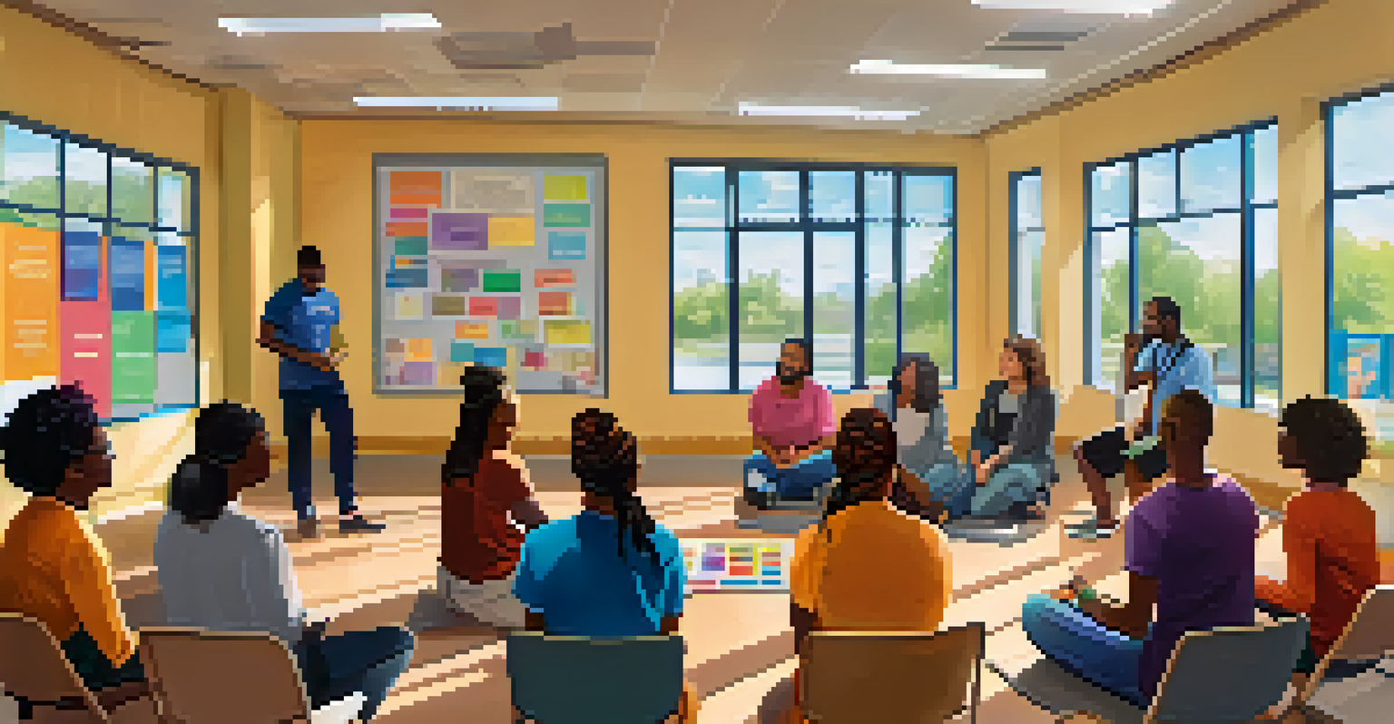 Inside a community center during a mental health workshop, with a staff member leading a group of engaged participants in a bright and inviting room.