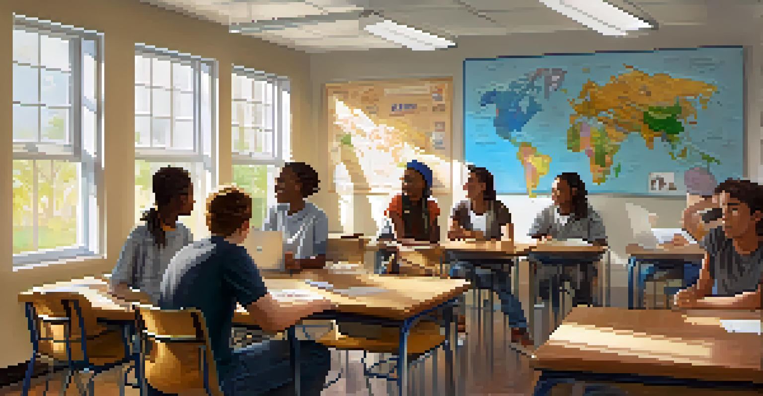A diverse group of young people in a supportive classroom environment, sharing experiences in a peer support group.