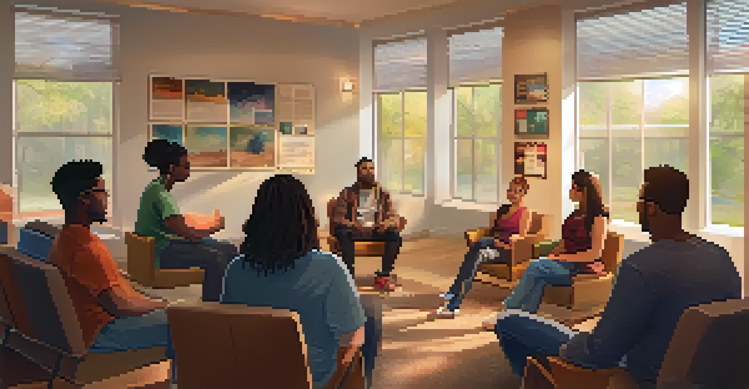 A support group meeting in a cozy room, with individuals sitting in a circle sharing their experiences.
