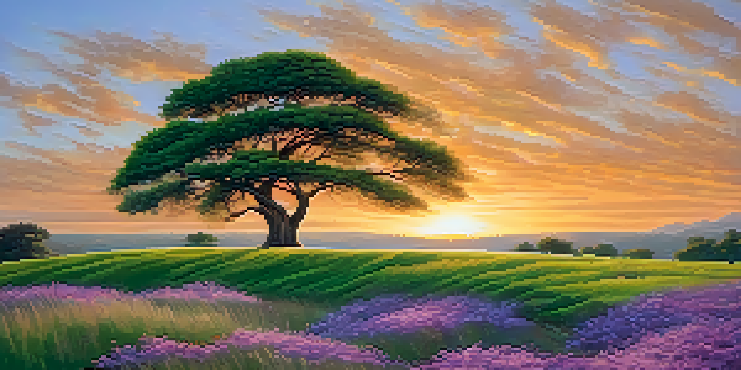 A strong tree bending in the wind under a vibrant sunset, symbolizing resilience.