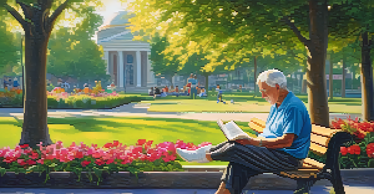 A senior reading a book on a park bench surrounded by flowers and children playing in the background.
