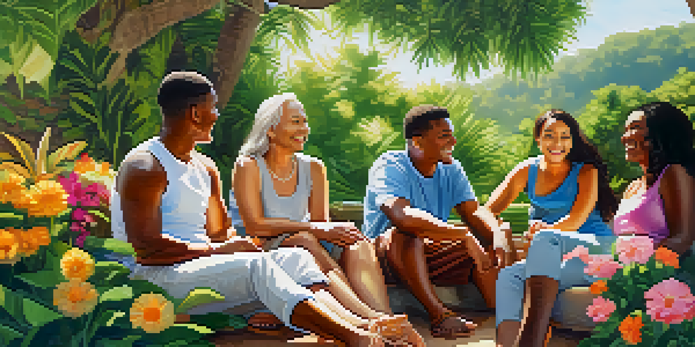A diverse group of people sitting outdoors, sharing stories and laughter in a sunny, green environment.