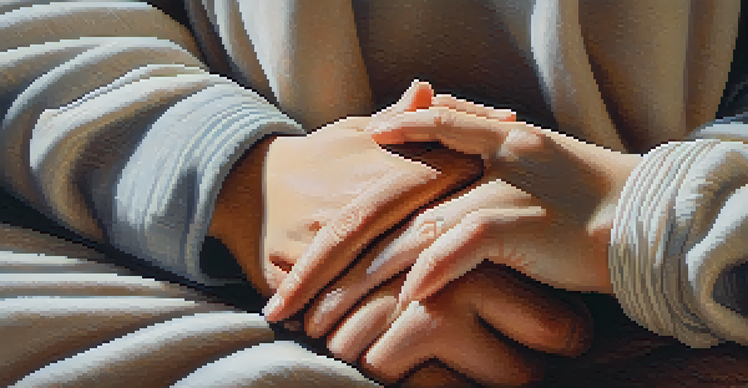 Close-up of supportive hands holding each other, symbolizing trust and empathy in a comforting environment.