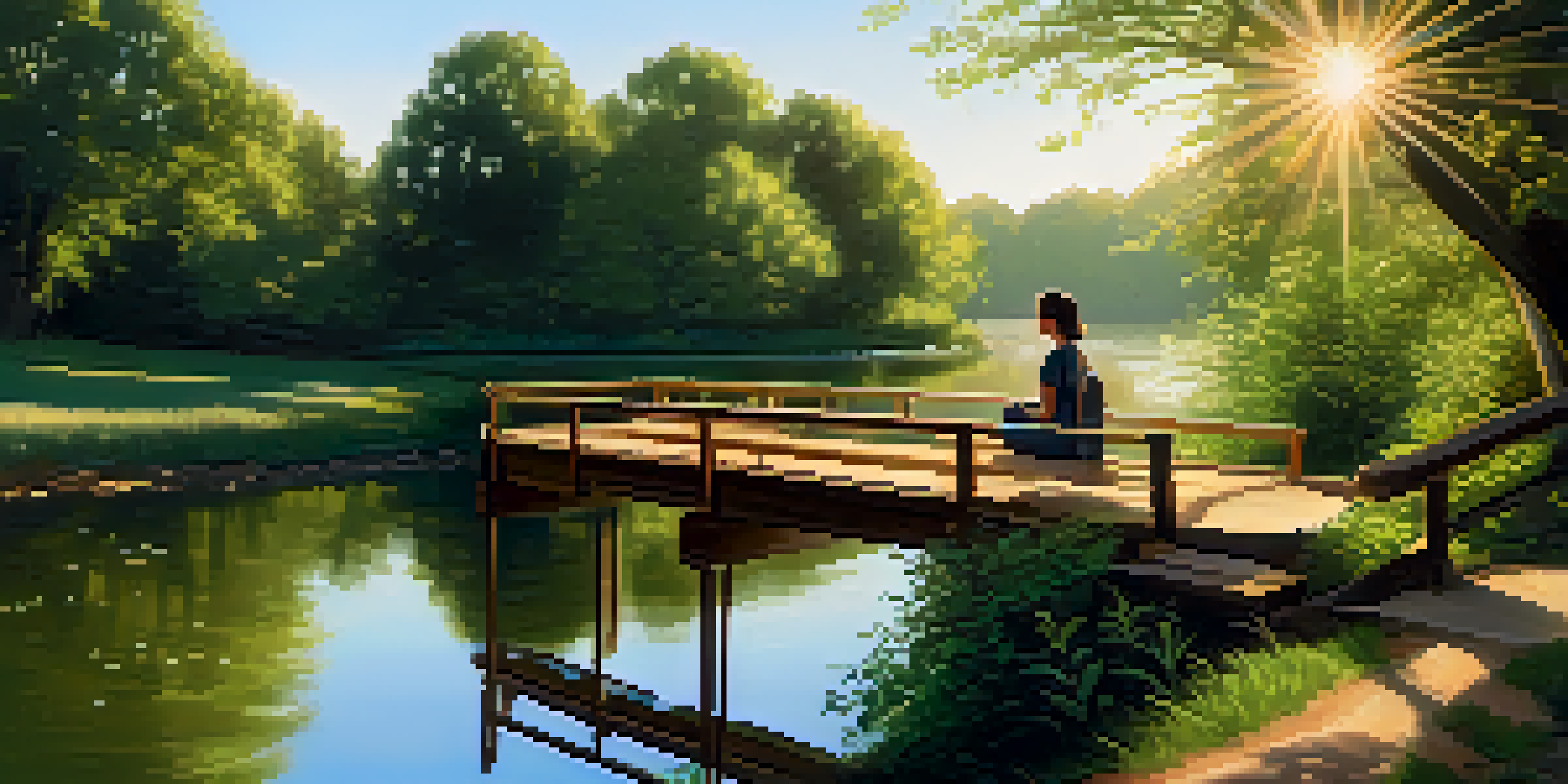 A person sitting on a wooden bridge over a river, writing in a journal, surrounded by trees and sunlight.