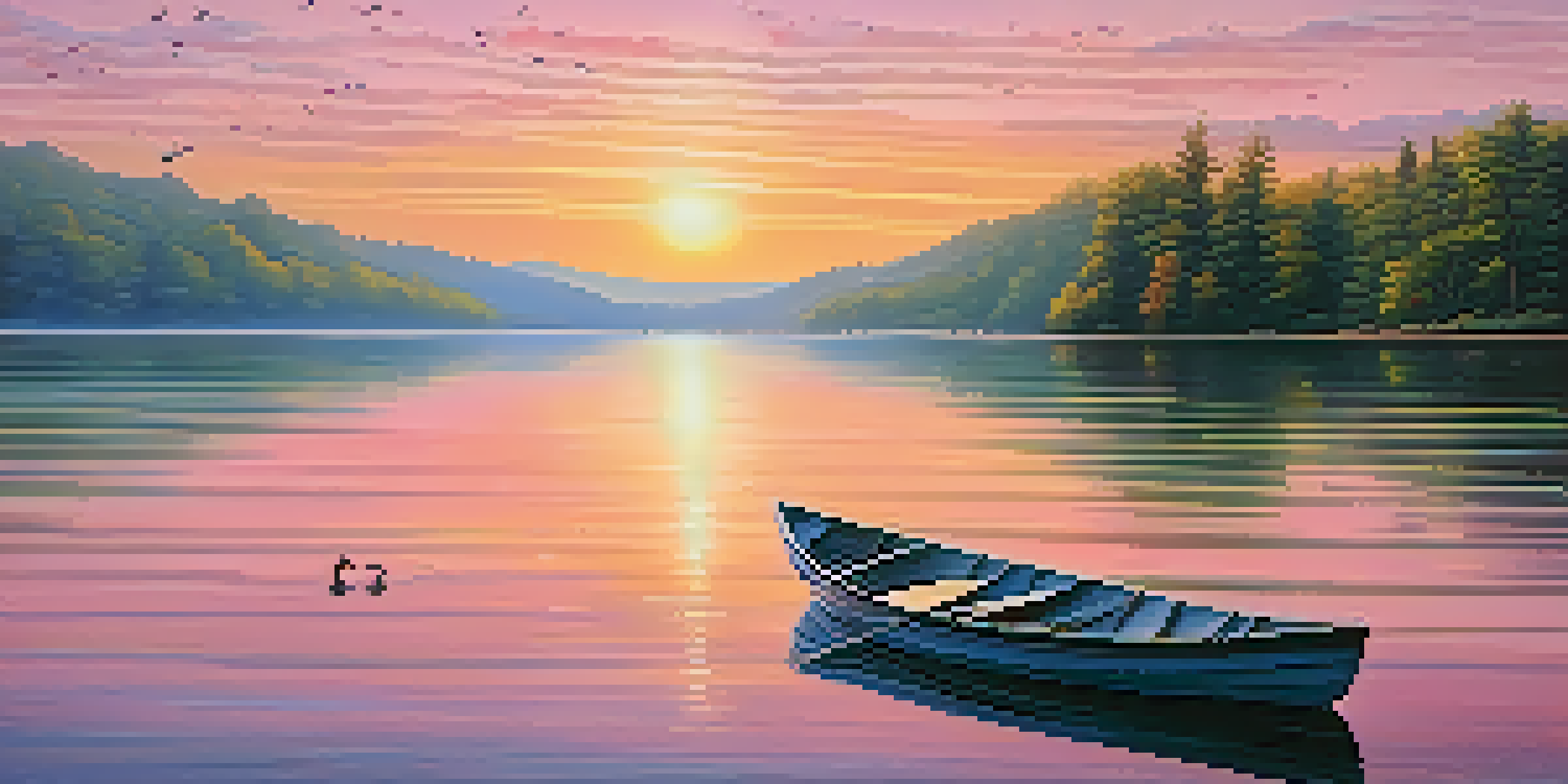 A peaceful sunrise over a calm lake with reflections of colorful skies and a small wooden boat.