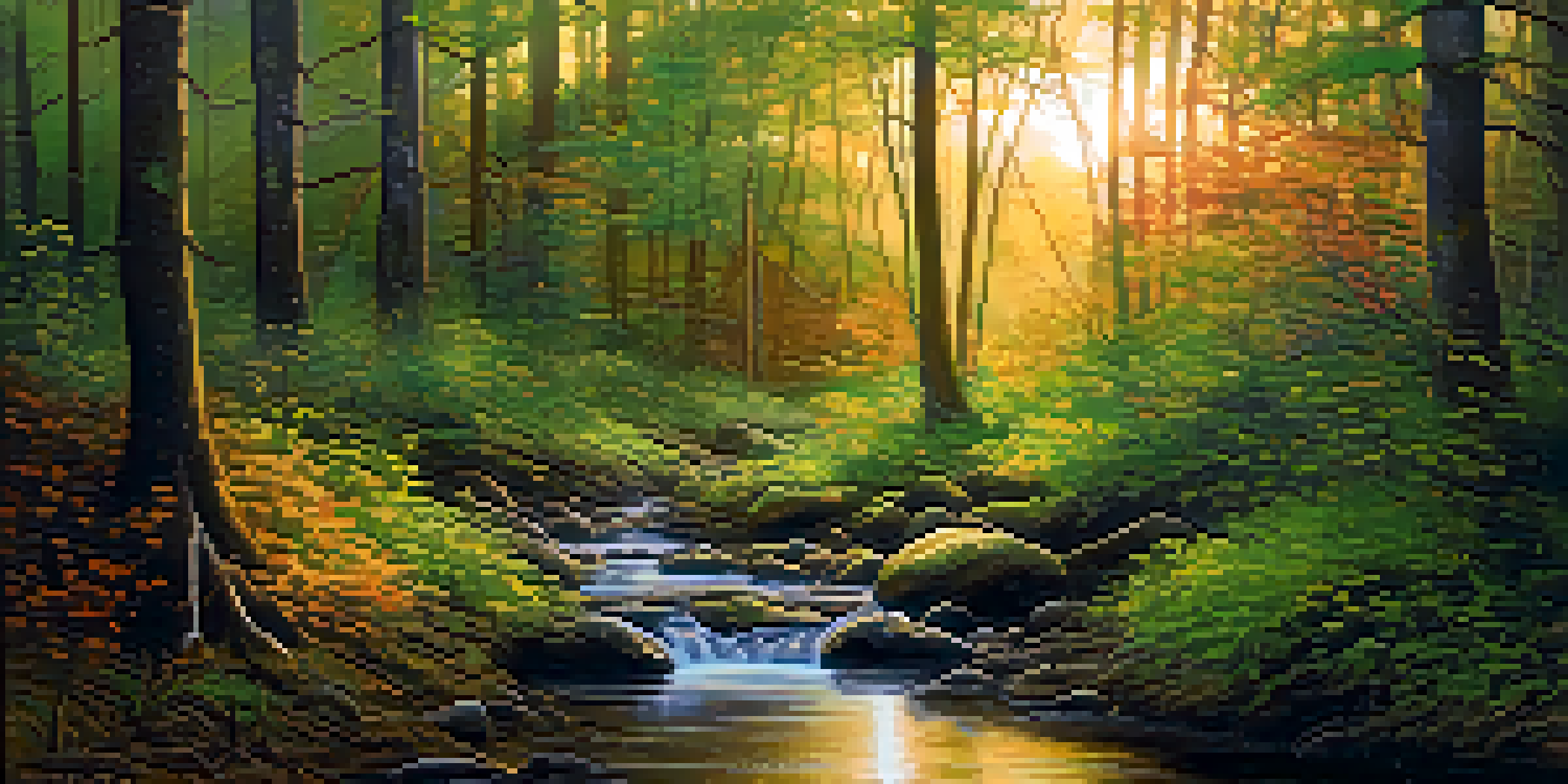 A peaceful forest scene at sunrise, with sunlight filtering through the trees and a gentle stream flowing.