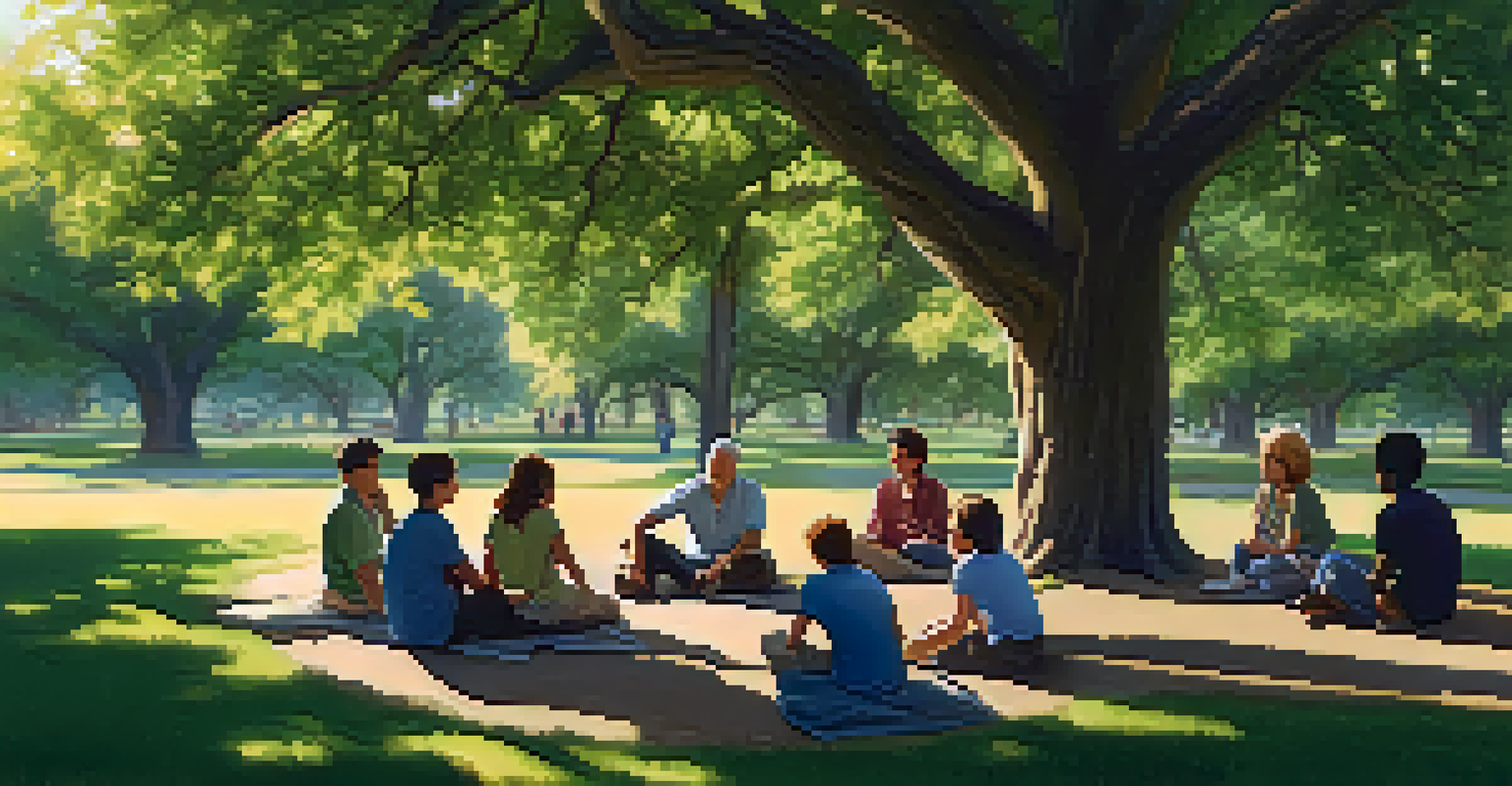 A support group meeting in a park under an oak tree, with people sitting in a circle and sunlight filtering through the leaves.