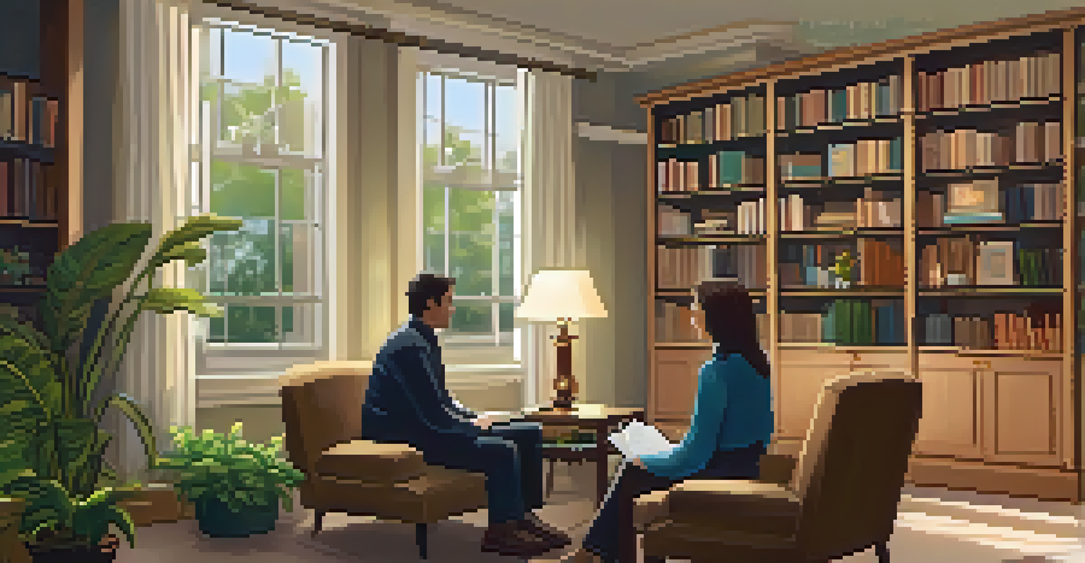 A therapist listening to a client in a cozy office setting, emphasizing a supportive atmosphere.