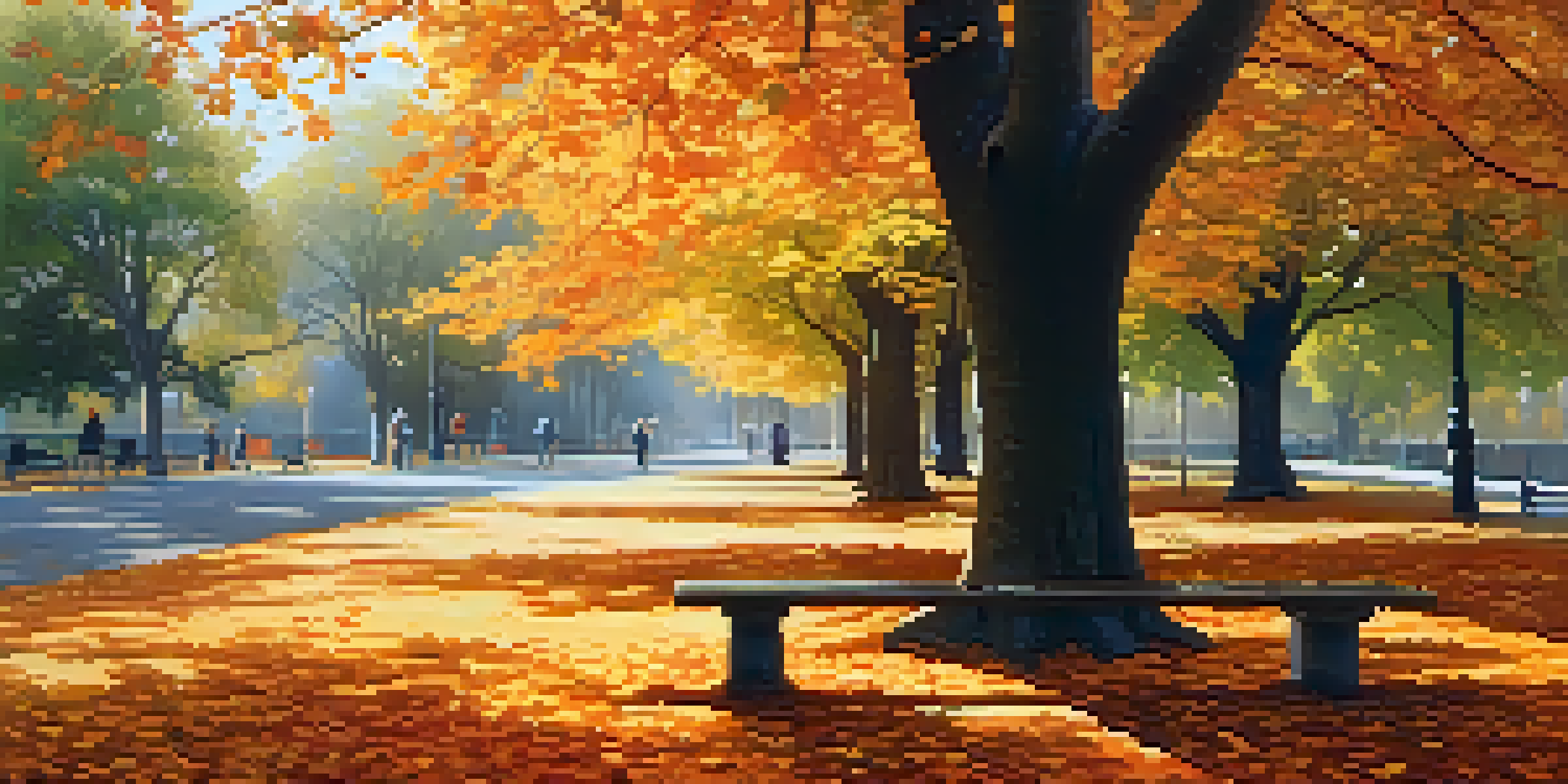 A peaceful park in autumn with colorful leaves, a bench under an oak tree, and sunlight filtering through branches.