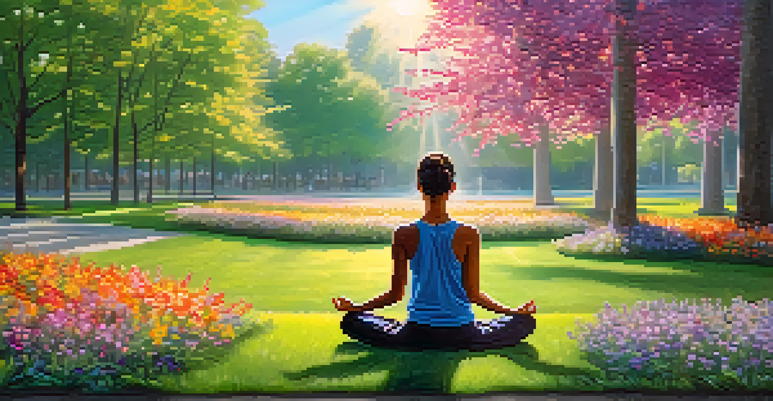 A person practicing mindfulness in a tranquil park surrounded by flowers and trees under bright sunlight.