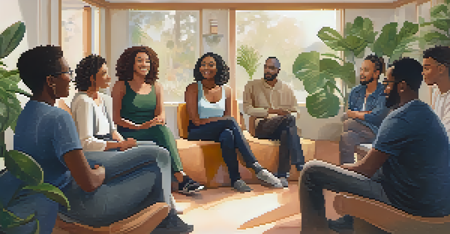 A group therapy session with individuals in a circle, sharing and supporting each other.