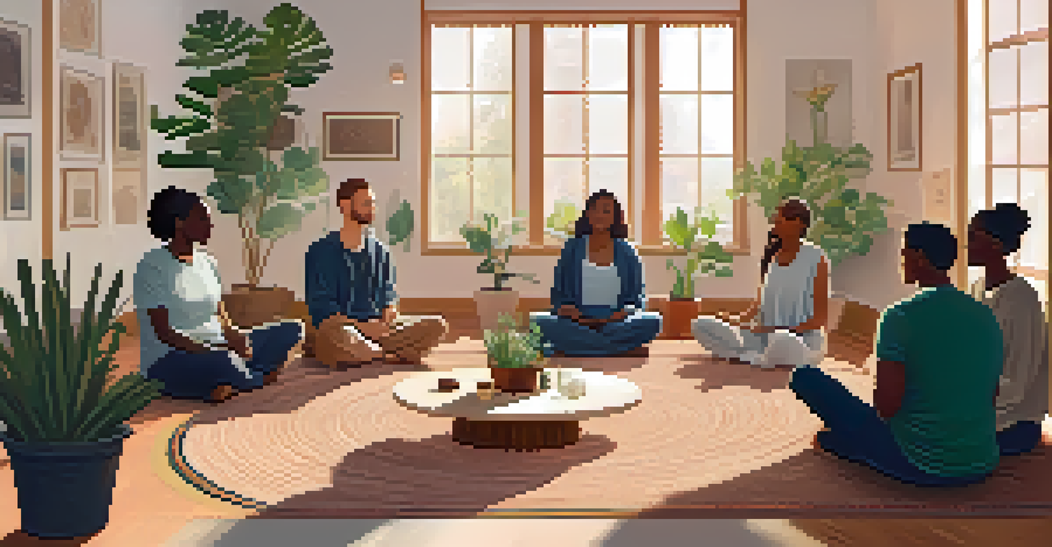 A diverse group of individuals participating in a mindfulness meditation session in a cozy, warm-lit room.