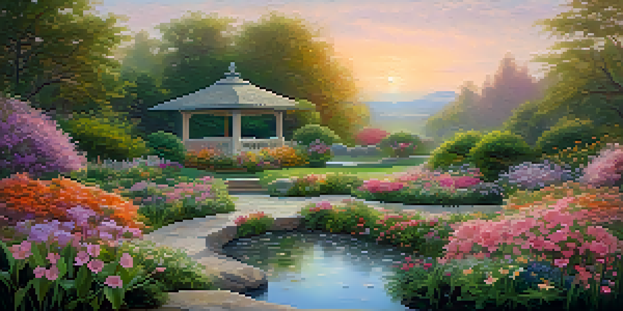 A peaceful garden at dawn with blooming flowers, a flowing stream, and a person doing yoga on a stone path.