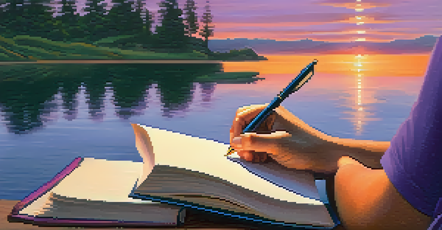 Close-up of hands on a journal with a lake at sunset in the background, symbolizing reflection and growth.