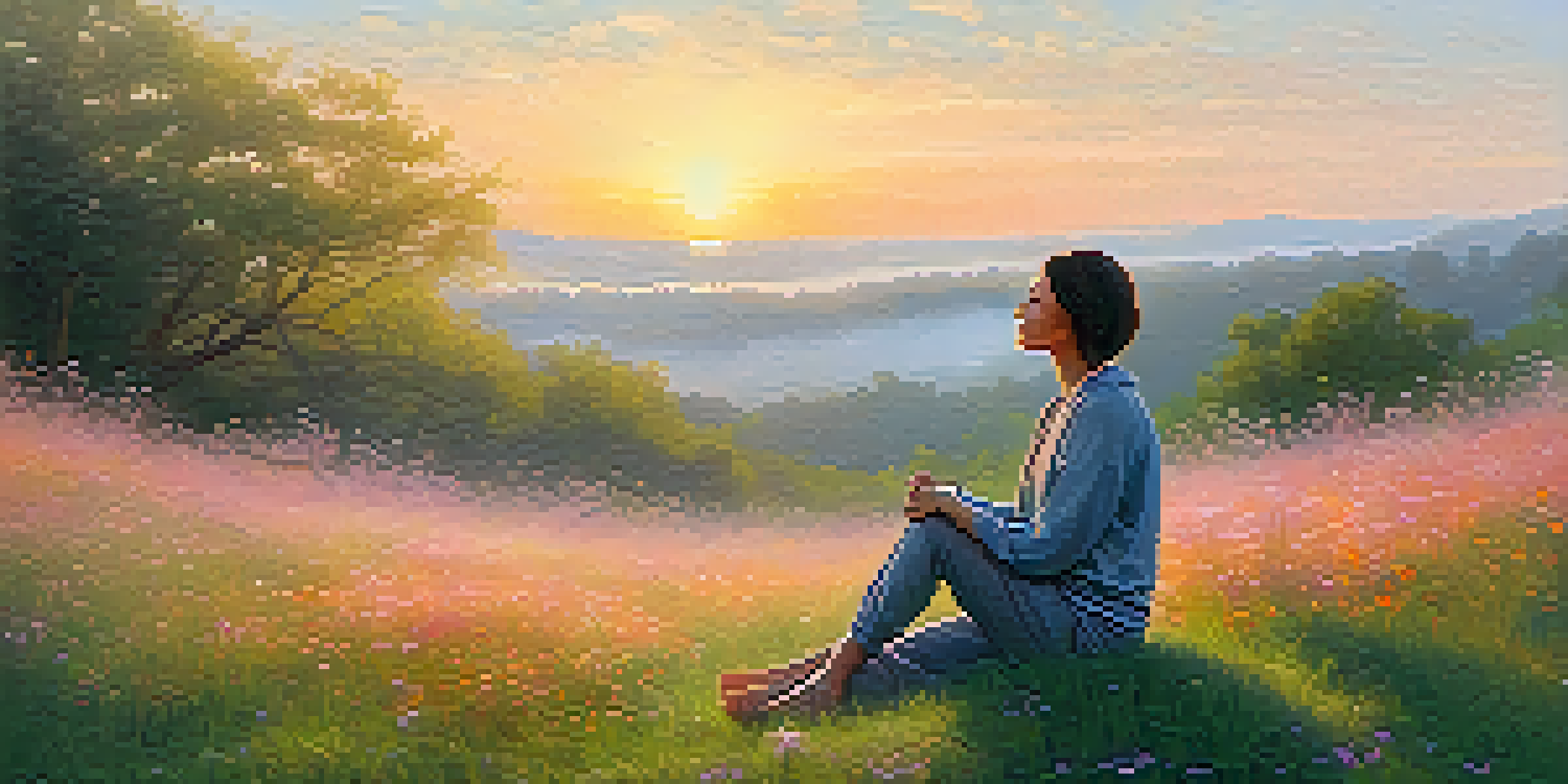 A person meditating on a grassy hillside at sunrise, surrounded by wildflowers and mist, with warm colors in the sky.