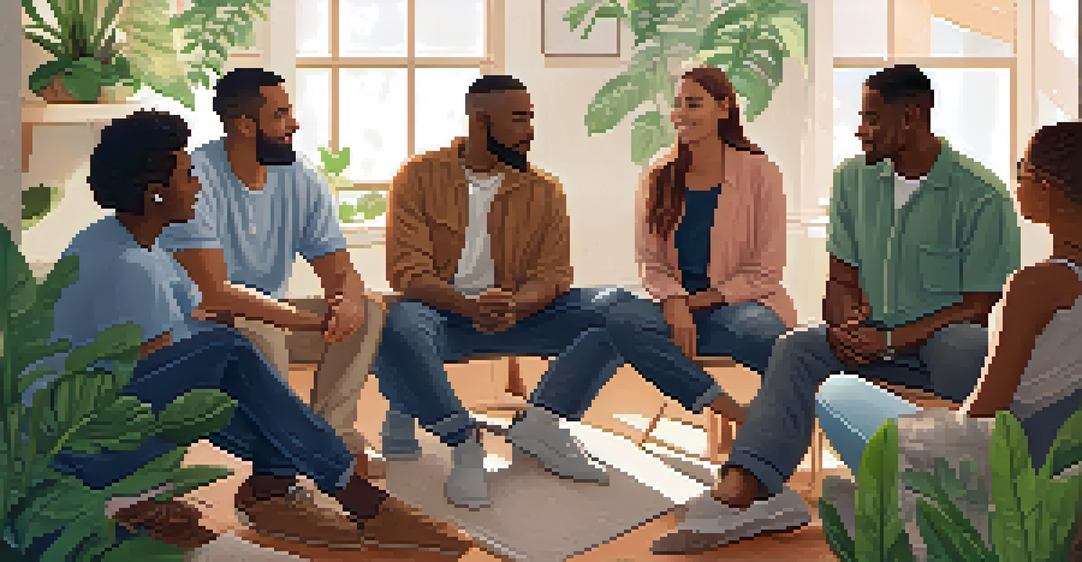 A group of people in a circle during a support group meeting, sharing experiences in a warmly lit room with plants and motivational posters.