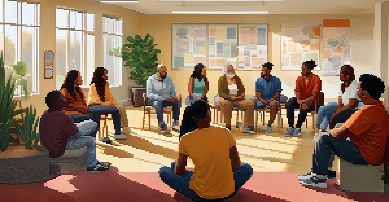 A group of people in a circle at a community center, sharing their recovery and financial goals in a supportive atmosphere.