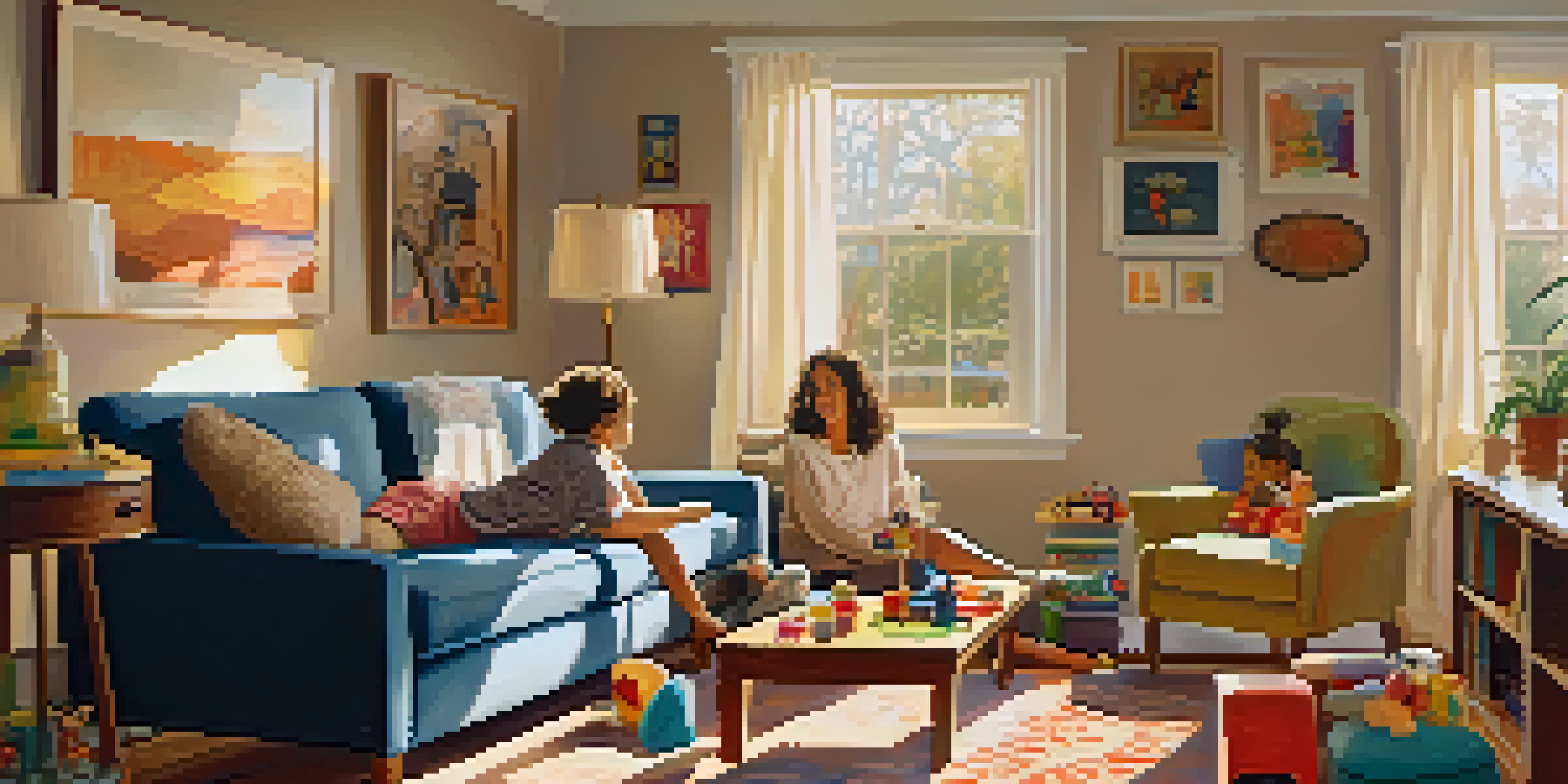 A parent and child having a warm conversation in a cozy living room filled with family photos and toys.