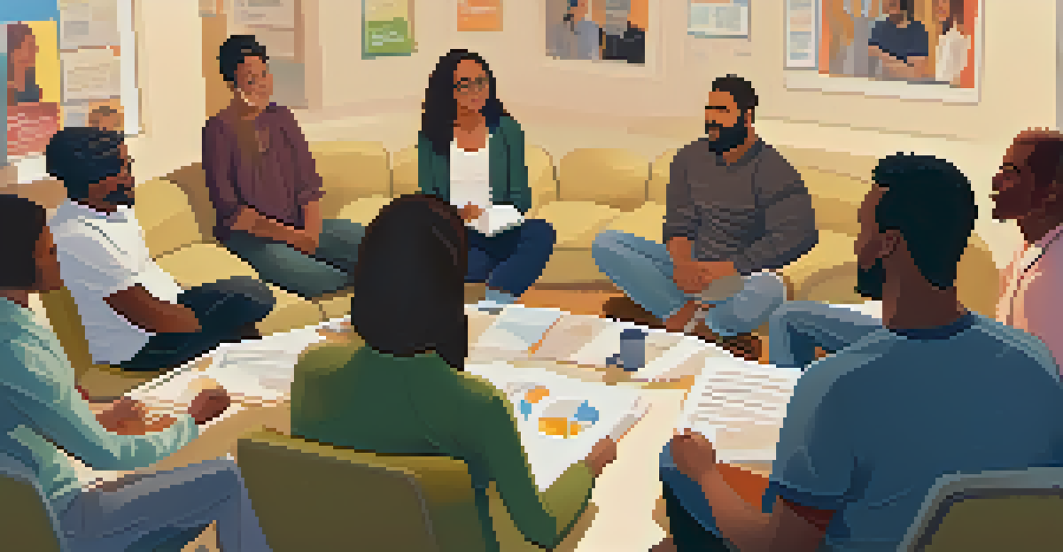 A diverse support group meeting with participants sitting in a circle, sharing and listening to each other.