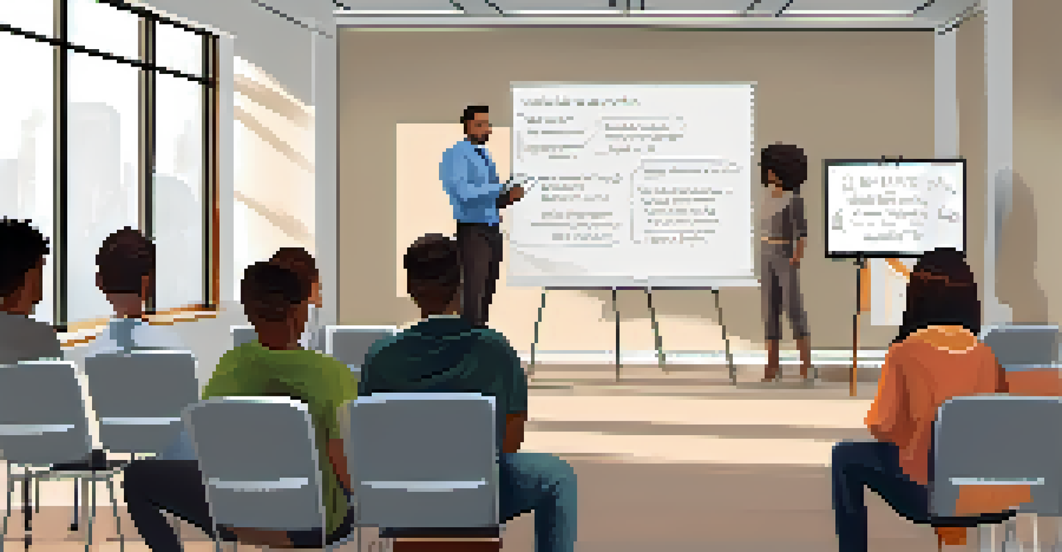 An individual presenting at a public speaking workshop, with an engaged audience in a well-lit room.