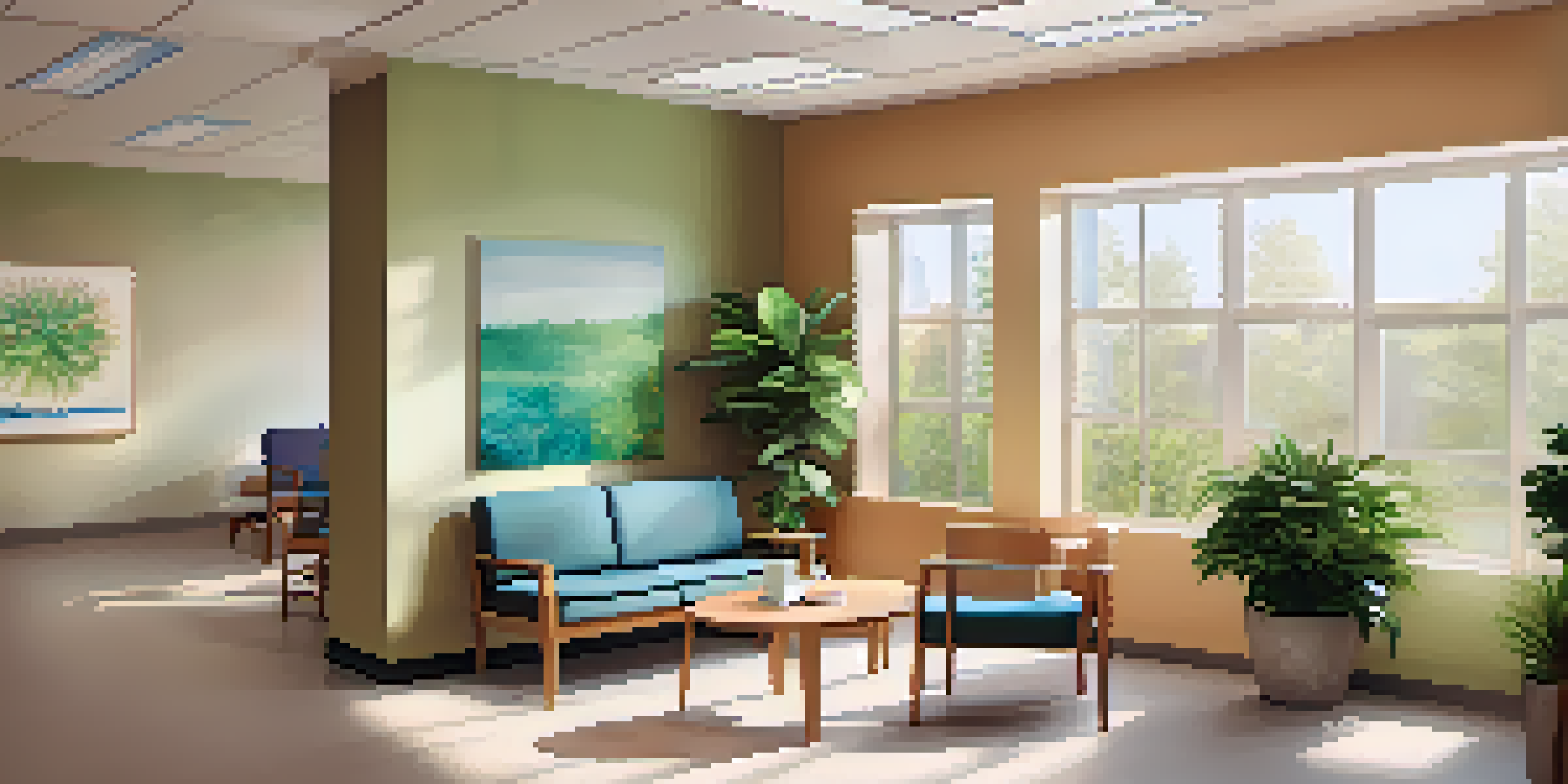 A peaceful healthcare facility interior with a bright waiting area filled with plants and comfortable seating for individuals seeking help.
