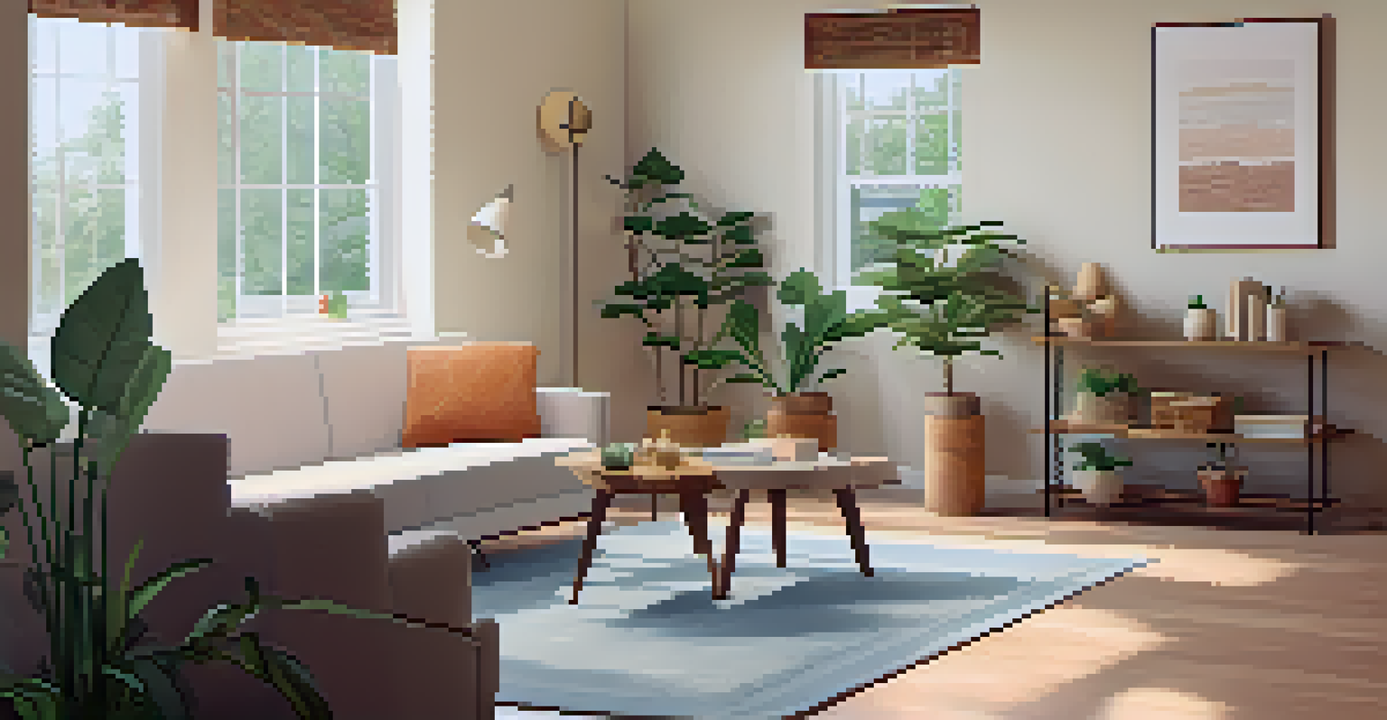 A calming mental health counseling room with soft colors, comfortable seating, plants, and positive artwork.