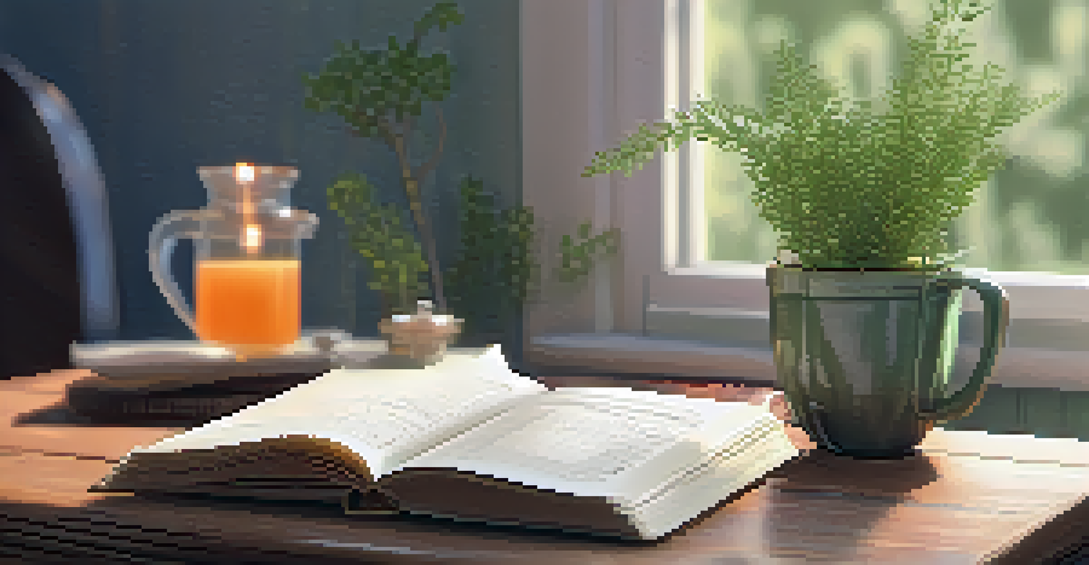 A close-up of a journal and a cup of herbal tea on a wooden table, with sunlight streaming through a window, creating a tranquil atmosphere.