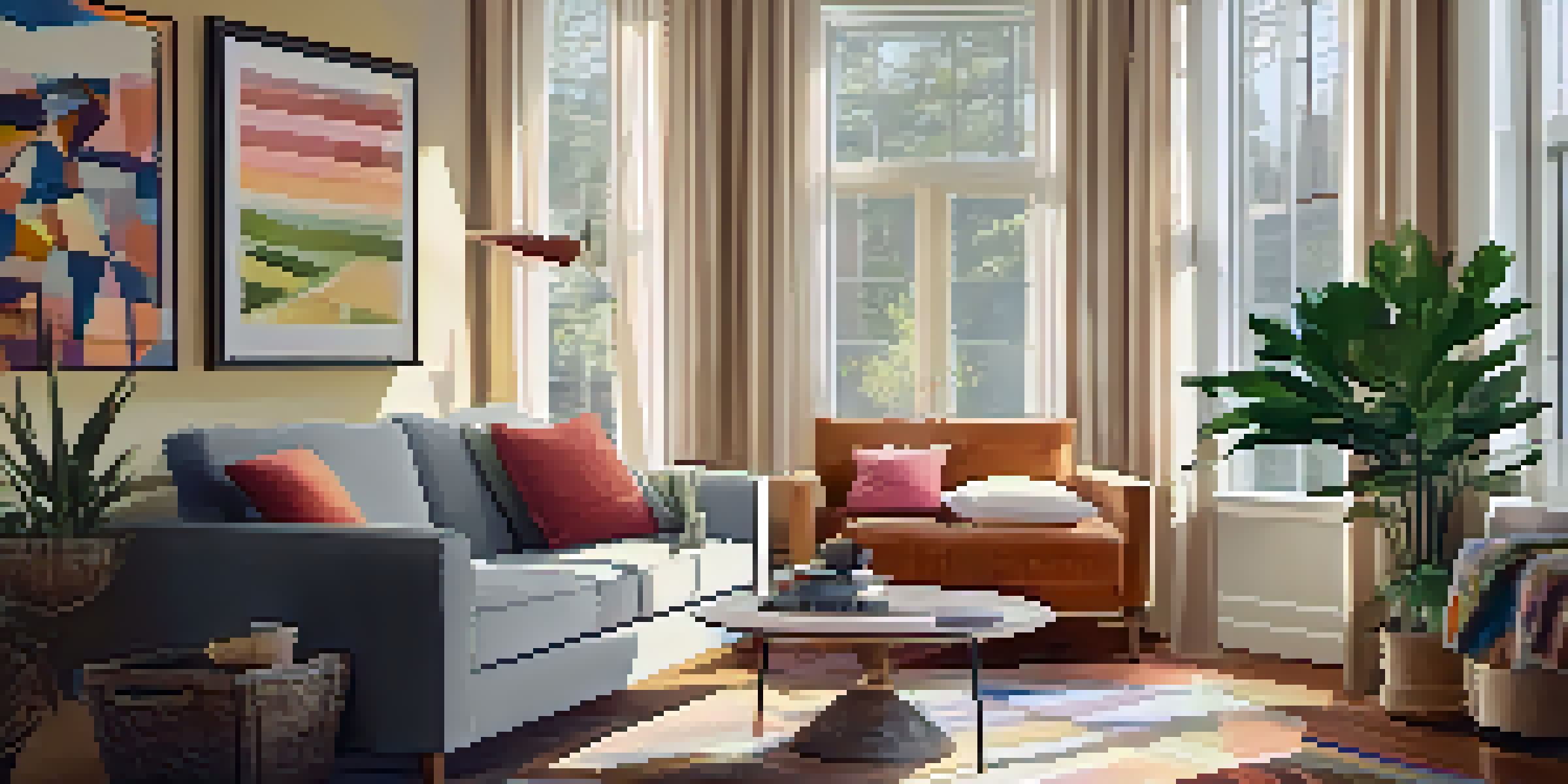 A cozy living room with warm lighting, featuring an armchair, coffee table, magazines, and a large indoor plant in the corner.