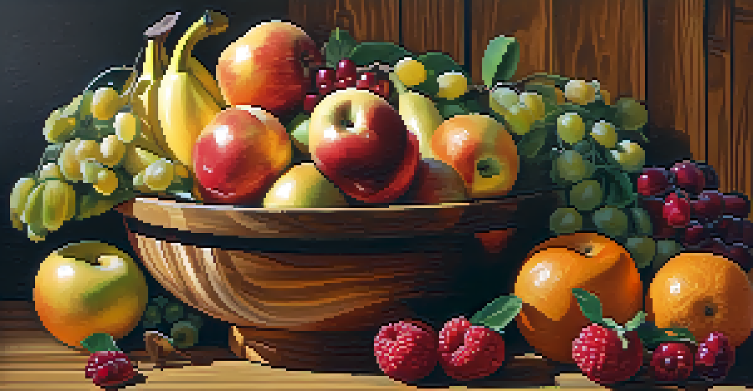 A colorful assortment of fresh fruits in a bowl on a wooden table, illuminated by natural light.