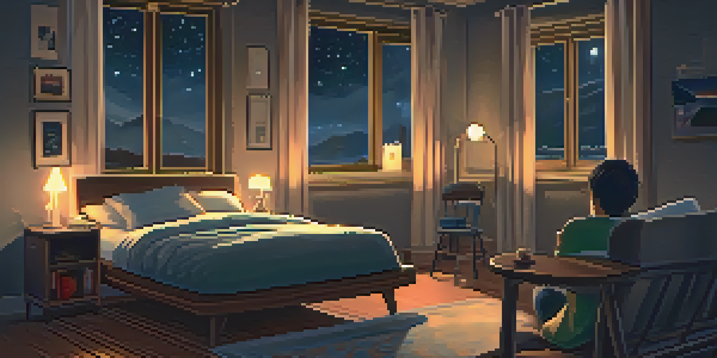 A person sitting on the edge of their bed, looking worriedly at a smartphone in a dimly lit bedroom, with a starry night visible through the window.