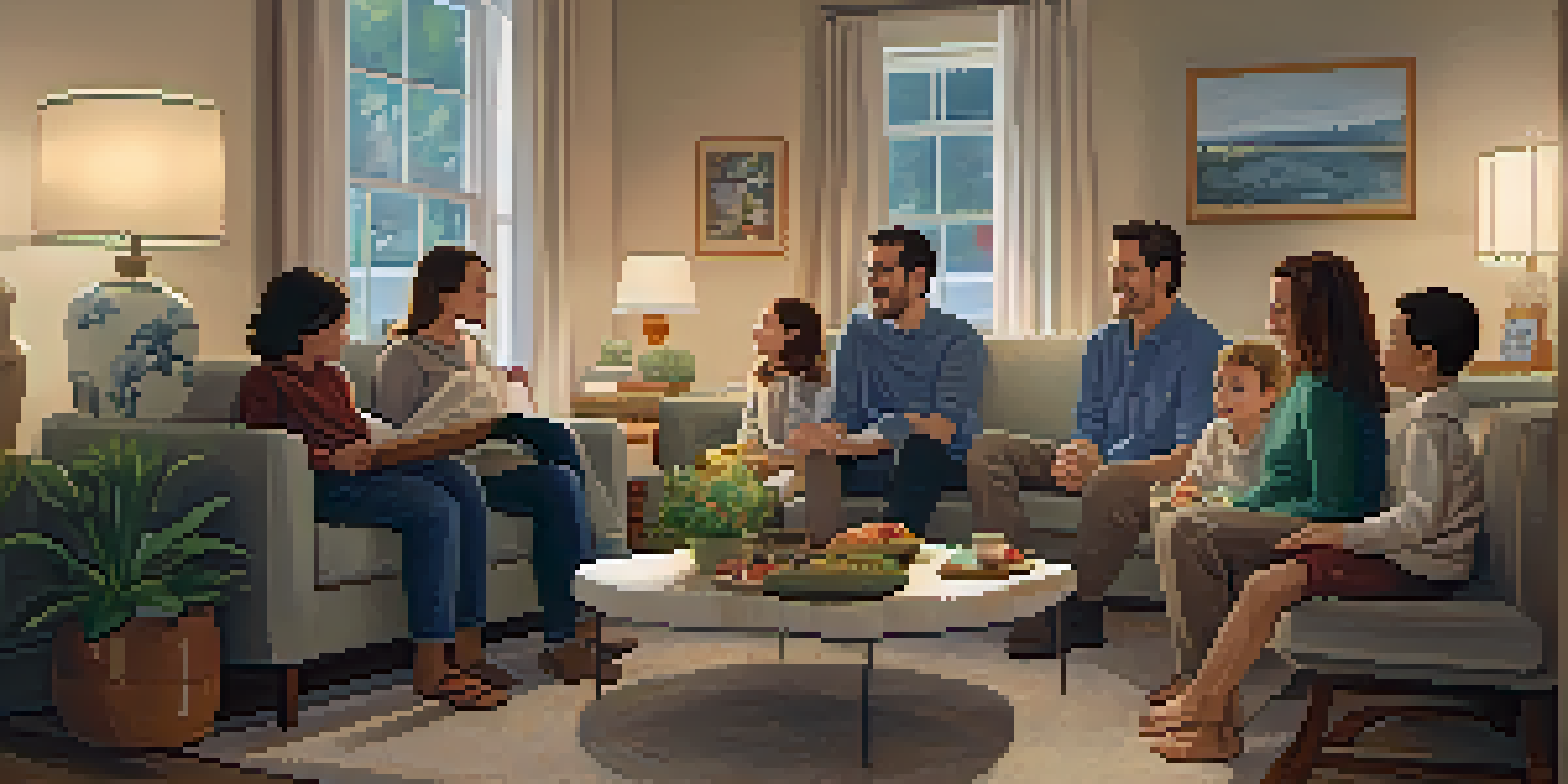 A family of various ages sitting in a warmly lit living room, engaged in a friendly conversation, surrounded by family photos and a cozy rug.