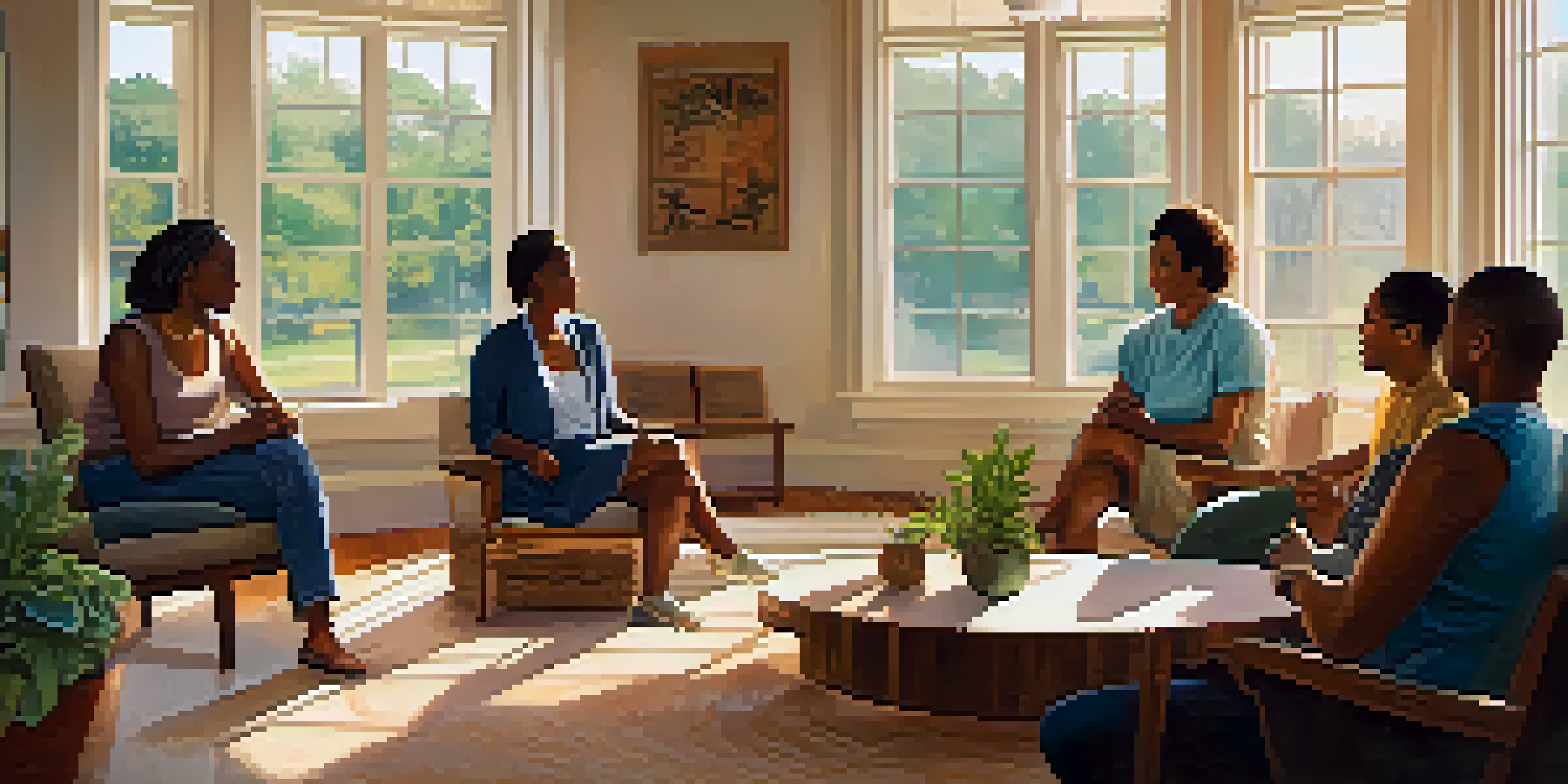 A diverse group of individuals in a circle, engaged in a supportive community mentorship meeting in a cozy room with sunlight filtering through the windows.