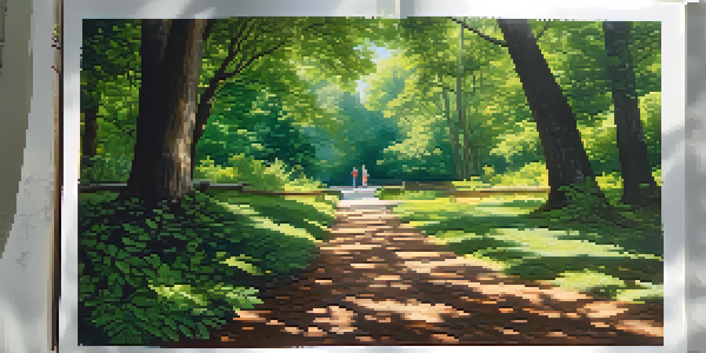 A person sitting on a bench in a lush green forest, journaling their thoughts, with sunlight filtering through the leaves.