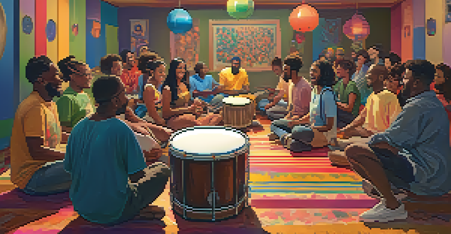 A diverse group of people participating in a drum circle, smiling and playing percussion instruments in a vibrant setting.