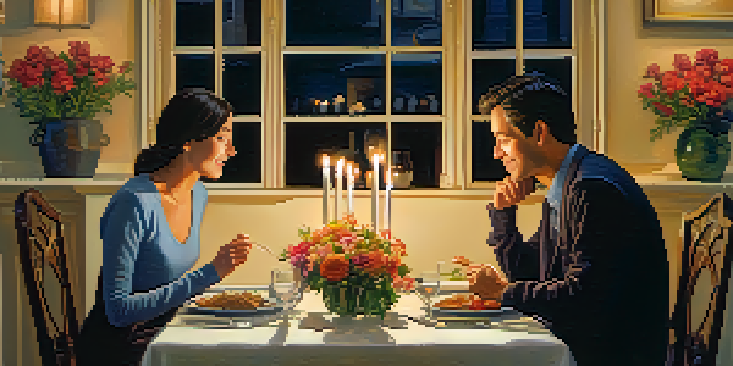 A couple having a warm conversation at a candlelit dining table, surrounded by flowers and soft lighting.