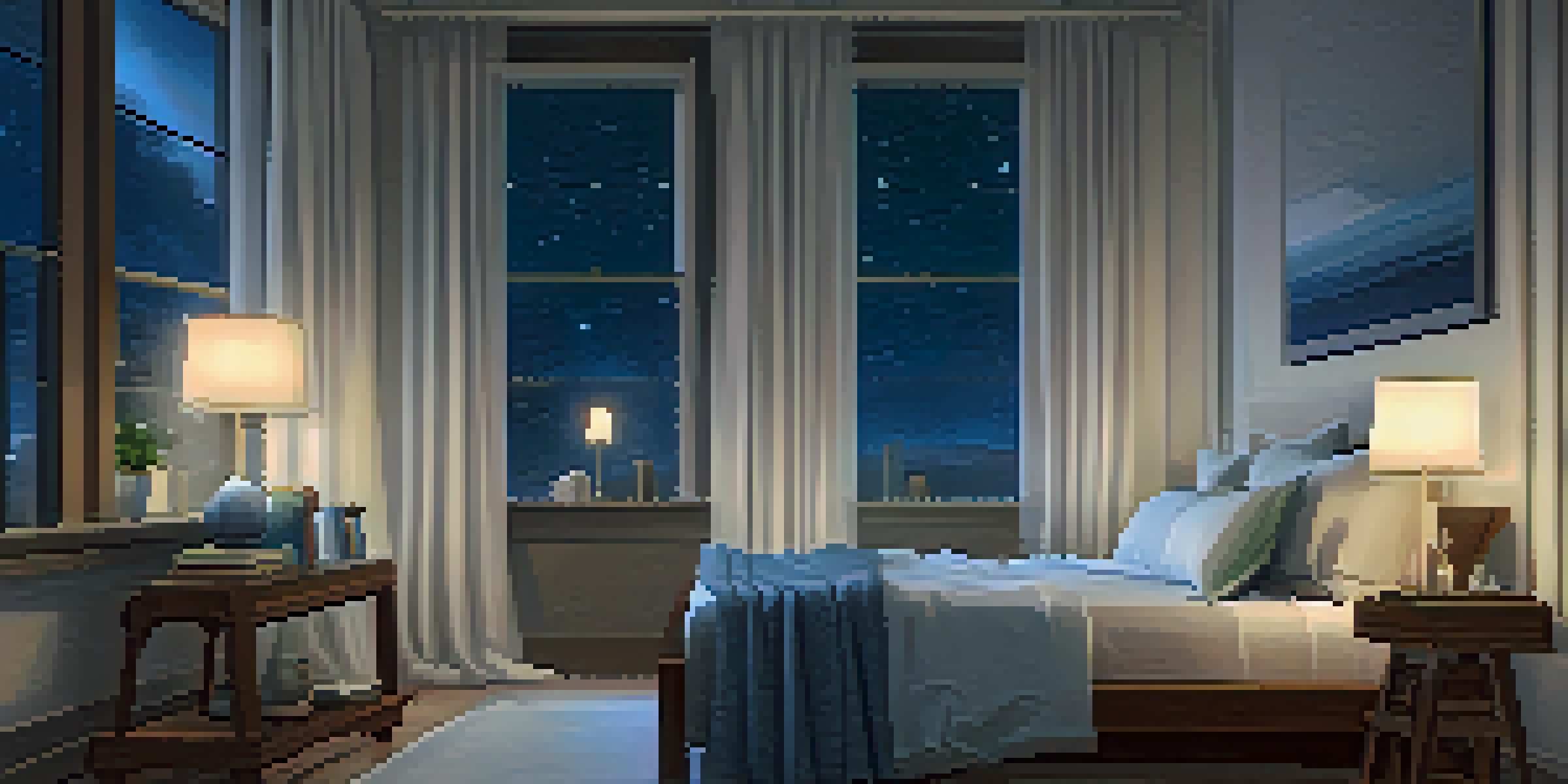 A tranquil bedroom scene at night with soft lighting, a cozy bed, and a view of a starry sky.