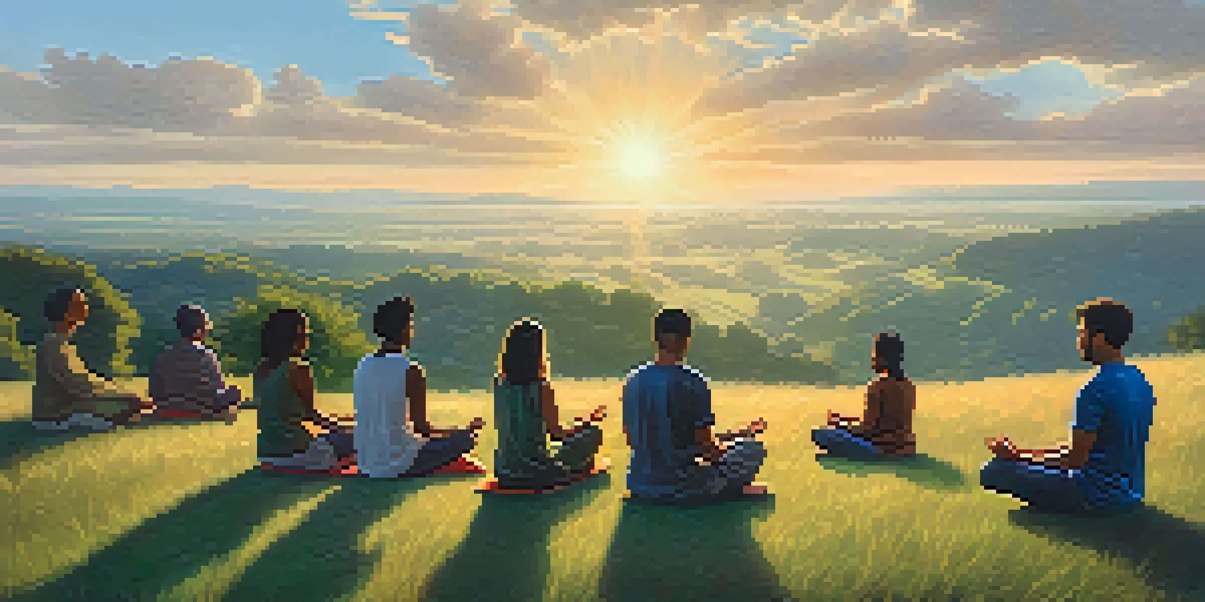 A diverse group of individuals meditating on a grassy hilltop at sunset, surrounded by nature, showcasing peace and mindfulness.