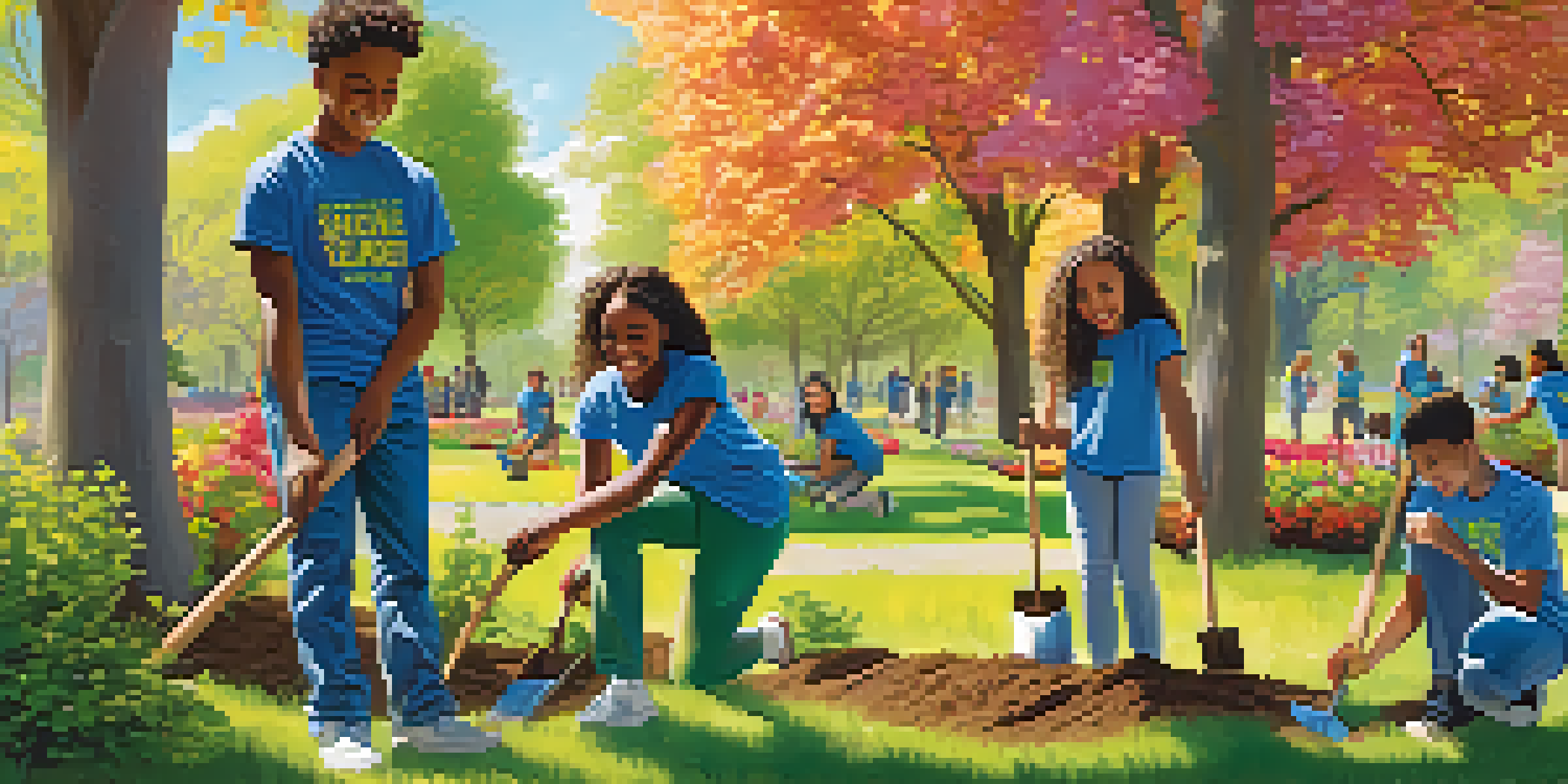 A diverse group of young people planting trees in a sunny park, with smiles and teamwork evident.