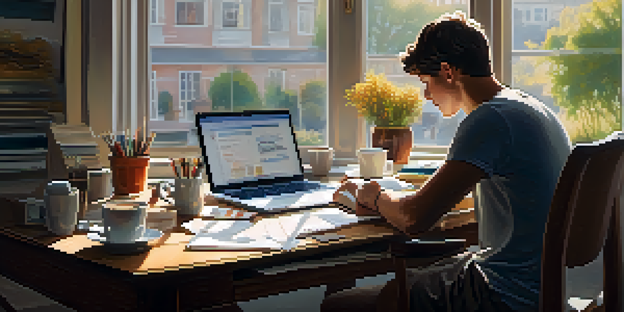 A young adult at a desk engaged in financial planning, surrounded by a laptop, notebooks, and a coffee cup, under warm morning light.