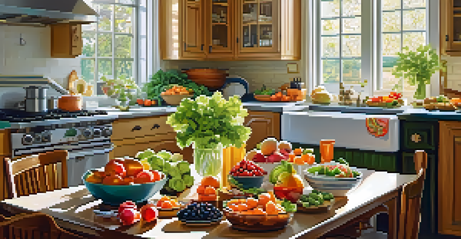 A kitchen table filled with fresh fruits, vegetables, and a salmon dish, illuminated by sunlight from the window.