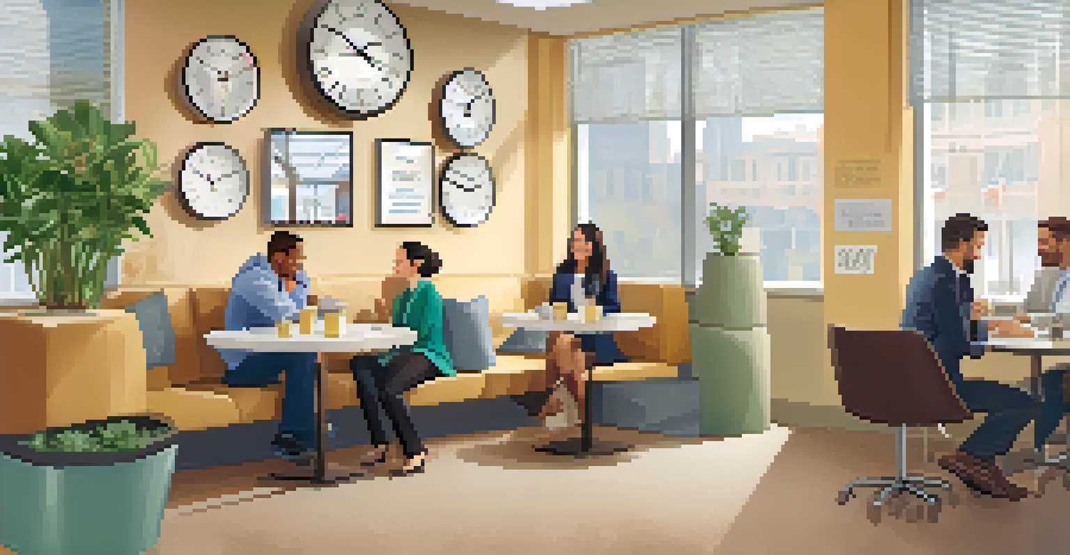 A welcoming break room in an office with employees enjoying a coffee break together, promoting work-life balance.
